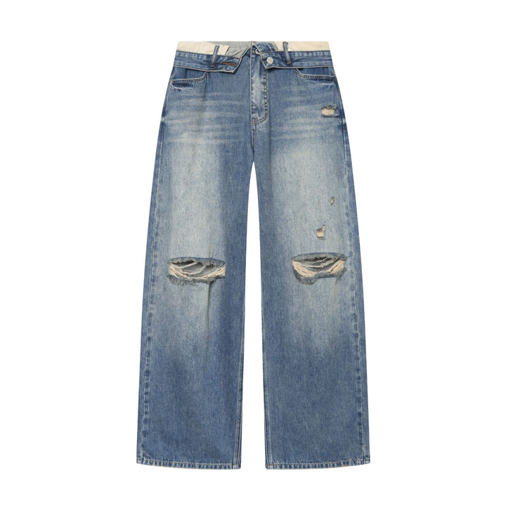 Damen Highwaist Jeans mit weitem Bein, Destroyed‑Details und ausgefranstem Saum – Dénora
