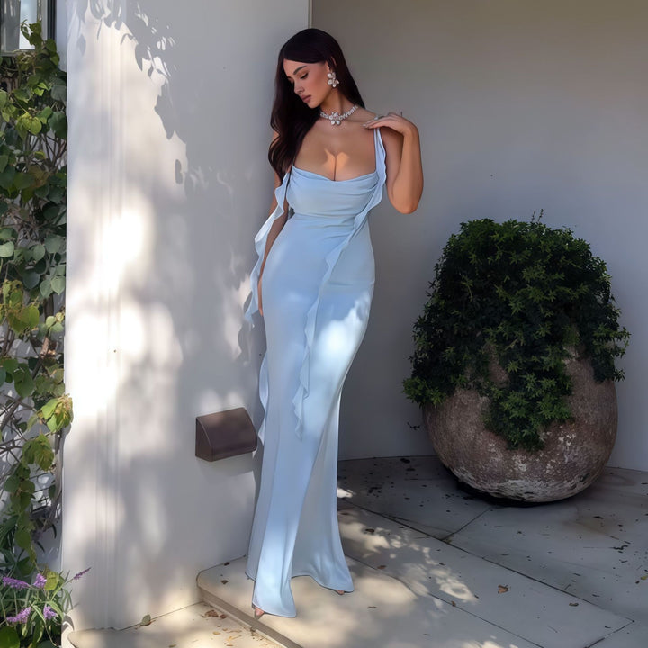 Damen Elegantes Maxi-Kleid mit asymmetrischen Rüschendetails und tiefem V-Ausschnitt Echo Archiv