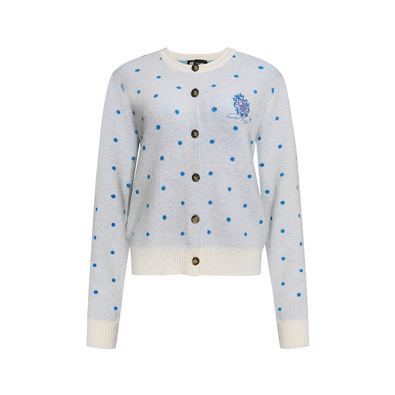 Damen Strick-Cardigan mit Rundhals, Tupfen-Jacquard und Zierwappen Echoarchiv