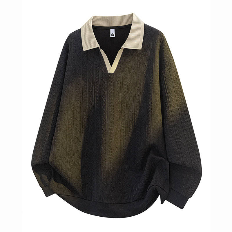 Herren Oversize Strick-Polo mit Strukturstrick, offenem V‑Ausschnitt und geripptem Kragen Echoarchiv