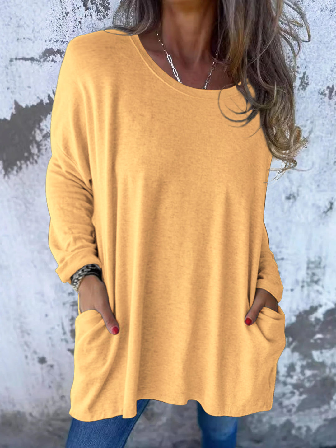 Damen Weiches Oversize Langarmshirt mit Rundhalsausschnitt, Lässigen Ärmeln und Seitentaschen – Avérine