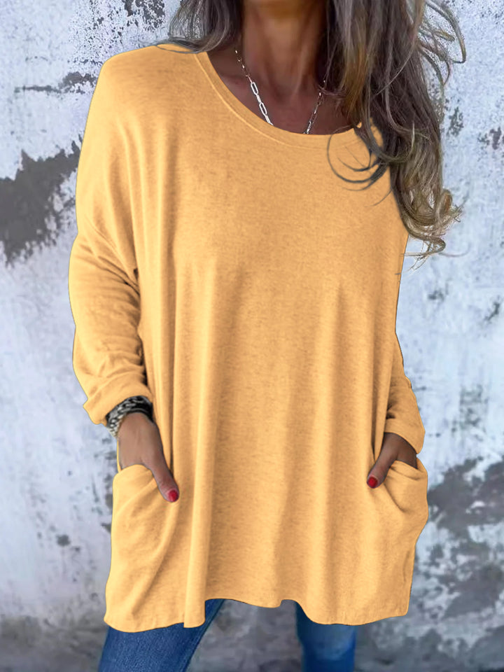 Damen Weiches Oversize Langarmshirt mit Rundhalsausschnitt, Lässigen Ärmeln und Seitentaschen – Avérine