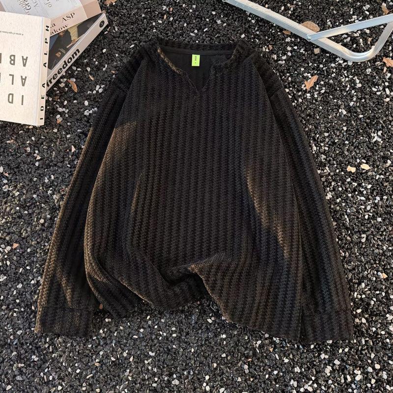 Damen Feinstrick-Pullover mit feiner Waffelstruktur, V-Notch-Ausschnitt und legerer Oversize-Passform Echoarchiv