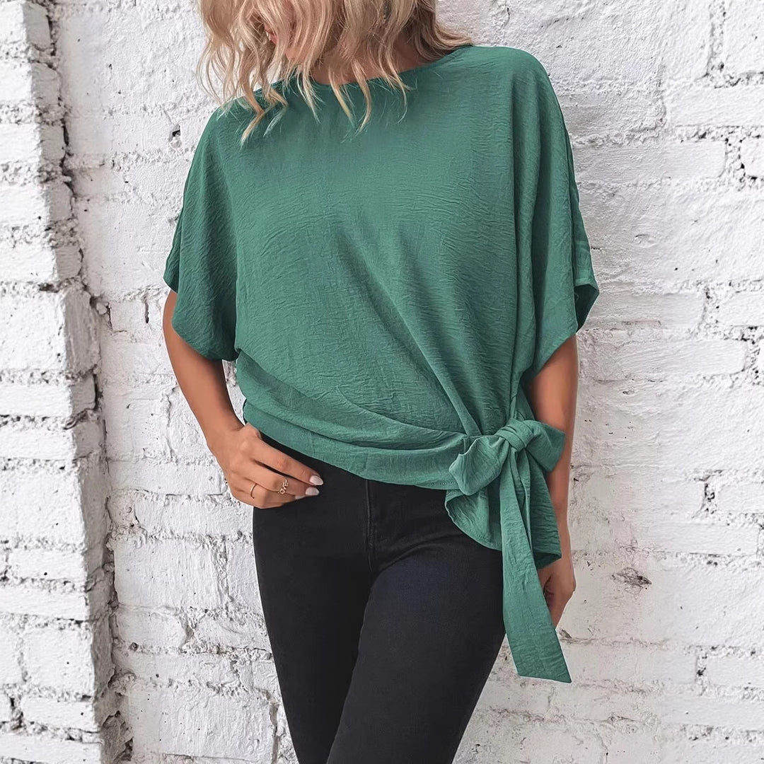 Damen Oversize Kurzarm-Top mit seitlicher Schleife und Crinkle-Struktur Echo Archiv