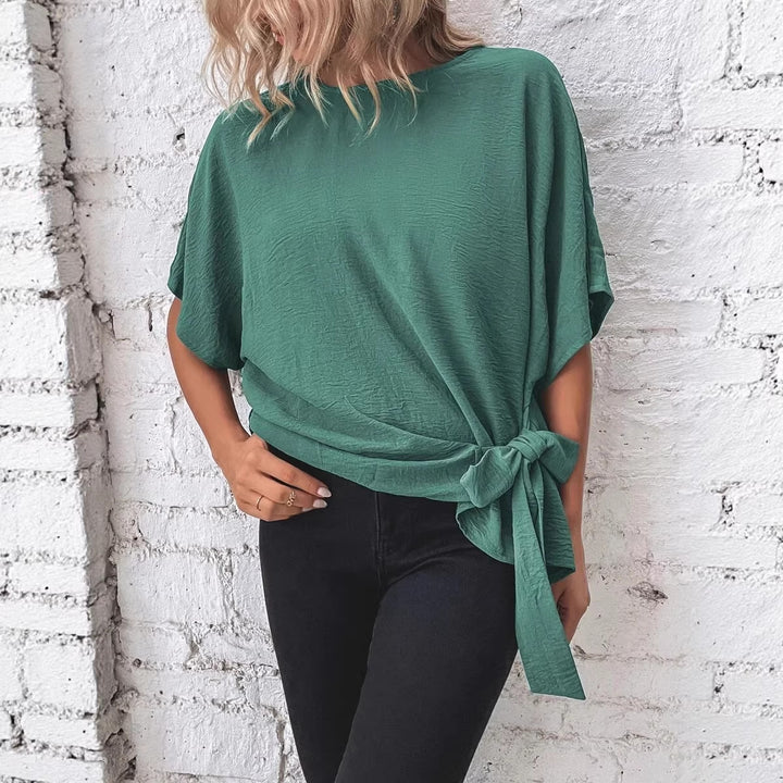 Damen Oversize Kurzarm-Top mit seitlicher Schleife und Crinkle-Struktur Echo Archiv