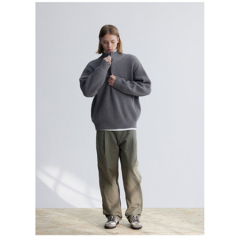 Herren Oversized-Rippenstrick Halbzip-Pullover mit Stehkragen Echoarchiv