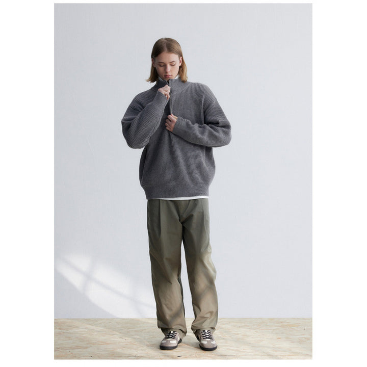 Herren Oversized-Rippenstrick Halbzip-Pullover mit Stehkragen Echoarchiv