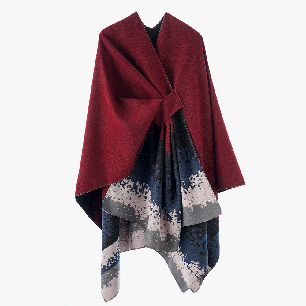 Damen Reversibler Wollmix-Capeponcho mit Bindegürtel und abstraktem Farbverlauf – Montévia