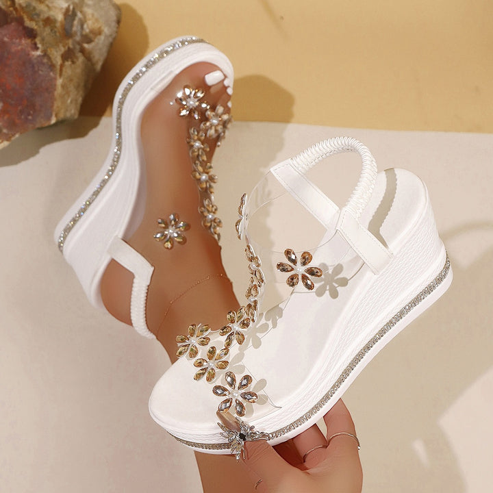 Damen Plateau-Sandalen mit transparentem PVC-Riemen und Blumenapplikation – Sorelia