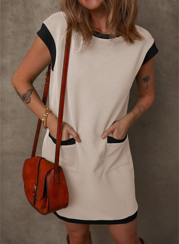 Damen Ärmelloses A-Linien-Shiftkleid mit Kontrastkanten, aufgesetzten Taschen und strukturierter Rippoptik – Lunéa