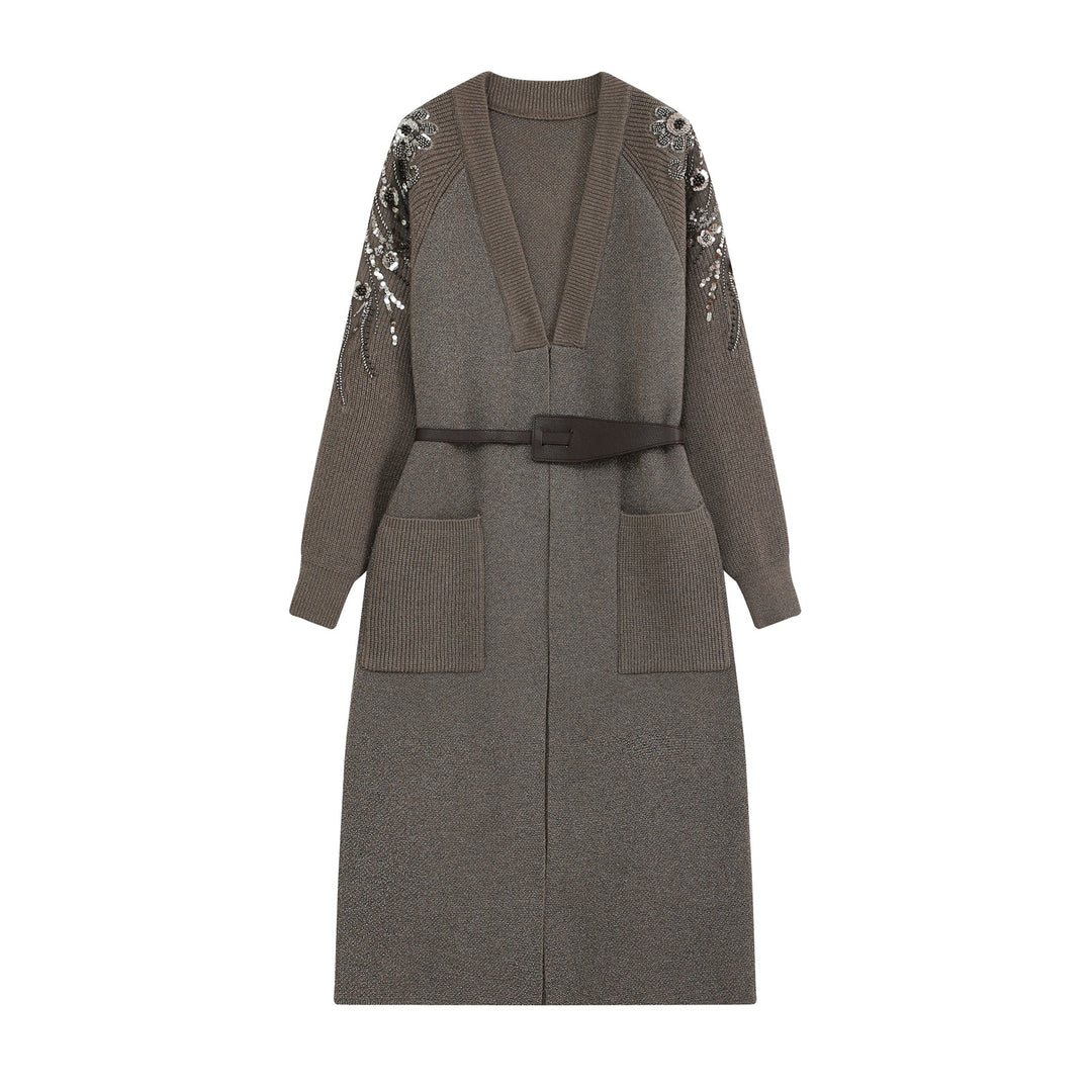 Damen Lange Strickjacke mit Gürtel, tiefem V‑Ausschnitt und bestickten Paillettenärmeln Echo Archiv