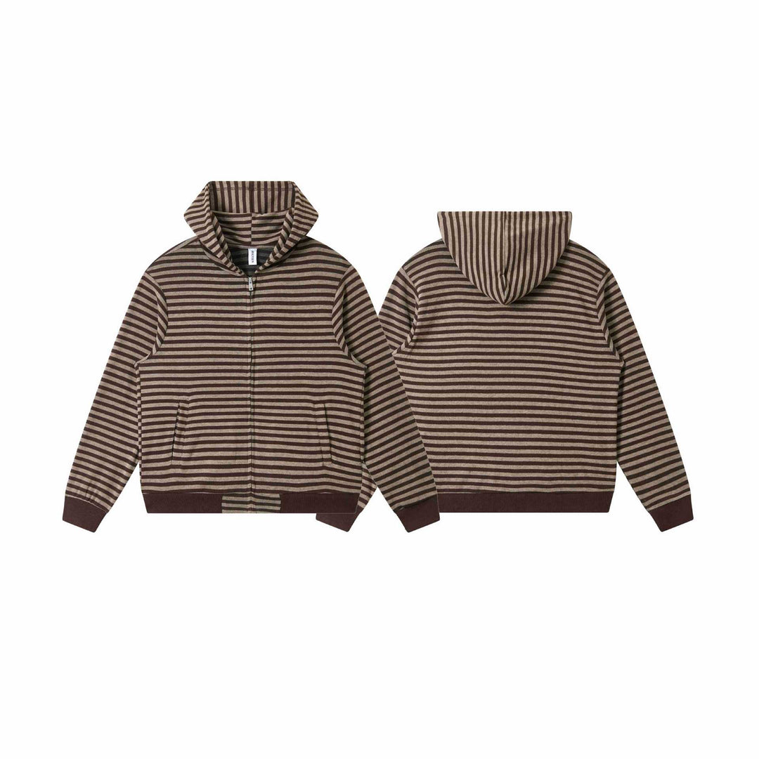 Unisex Gestreifte Strick-Kapuzenjacke mit durchgehendem Reißverschluss und Kängurutaschen Echoarchiv