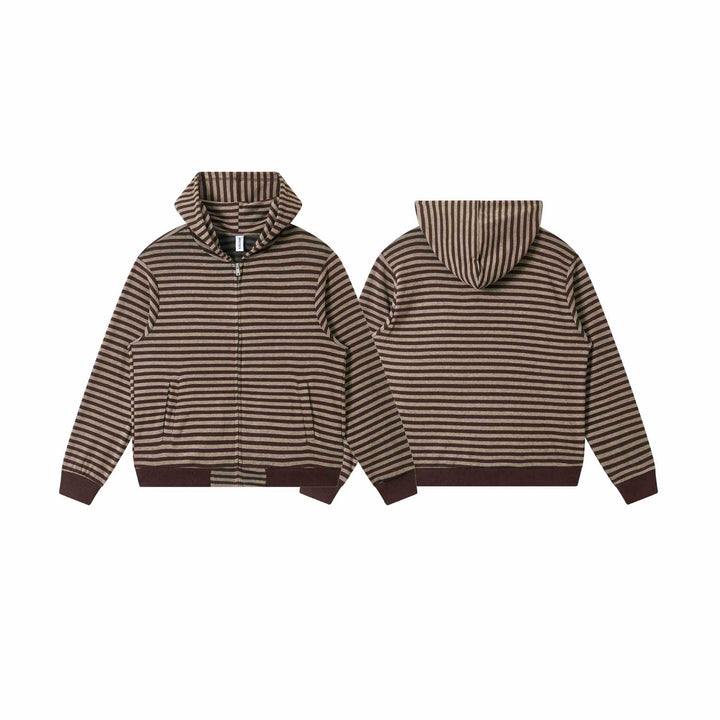Unisex Gestreifte Strick-Kapuzenjacke mit durchgehendem Reißverschluss und Kängurutaschen Echoarchiv