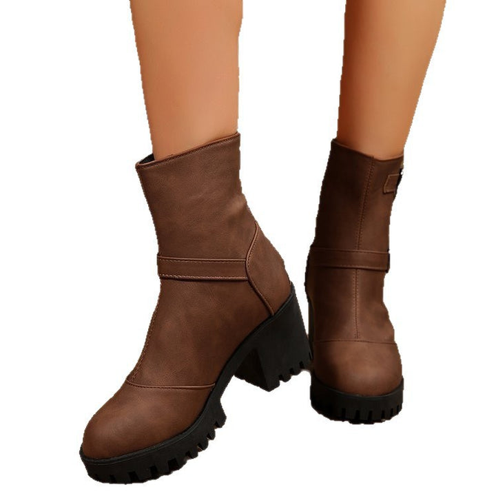 Damen nan klobige Biker-Ankleboots mit Profilsohle, dekorativen Doppelschnallen und seitlichem Reißverschluss Echo Archiv