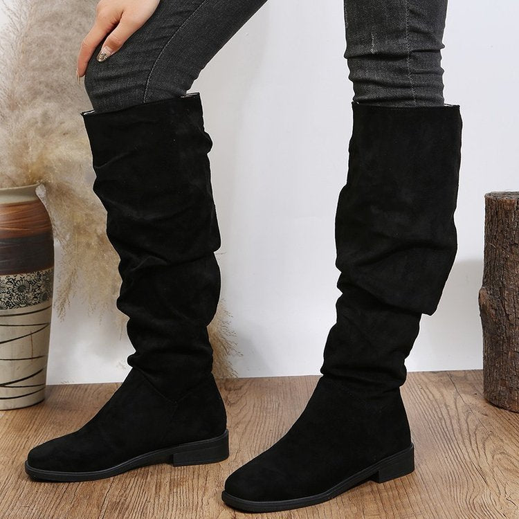 Damen kniehohe Schaftstiefel im Slouch-Look aus Veloursimitat mit rutschfester Gummisohle – Lioré