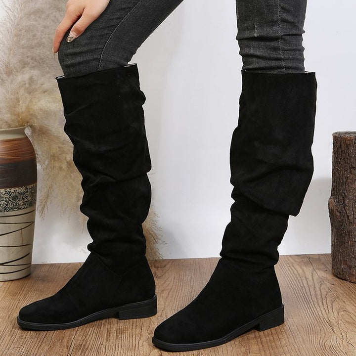 Damen kniehohe Schaftstiefel im Slouch-Look aus Veloursimitat mit rutschfester Gummisohle – Lioré
