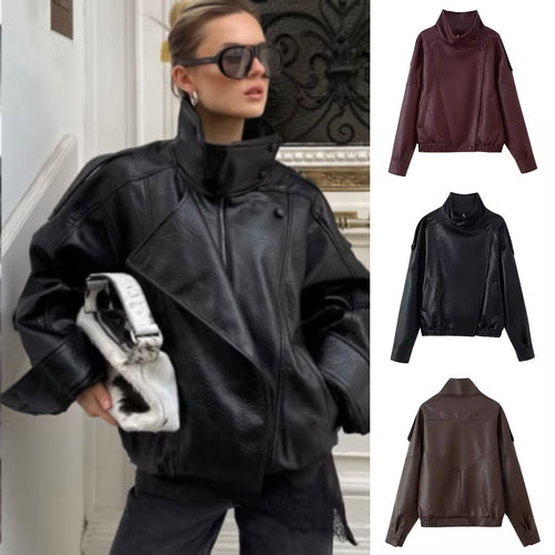 Damen Oversize Kunstlederjacke mit Hemdkragen und elastischem Saum Echo Archiv