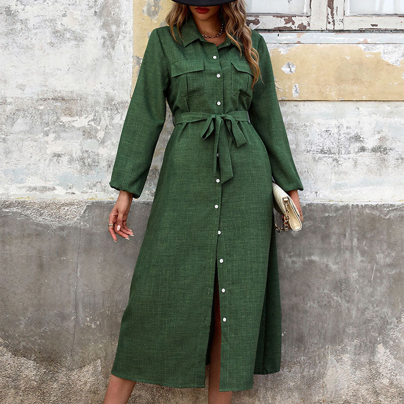 Damen Langärmeliges Hemdblusenkleid im Leinenlook mit Taillenbinder und Frontschlitz – Élara