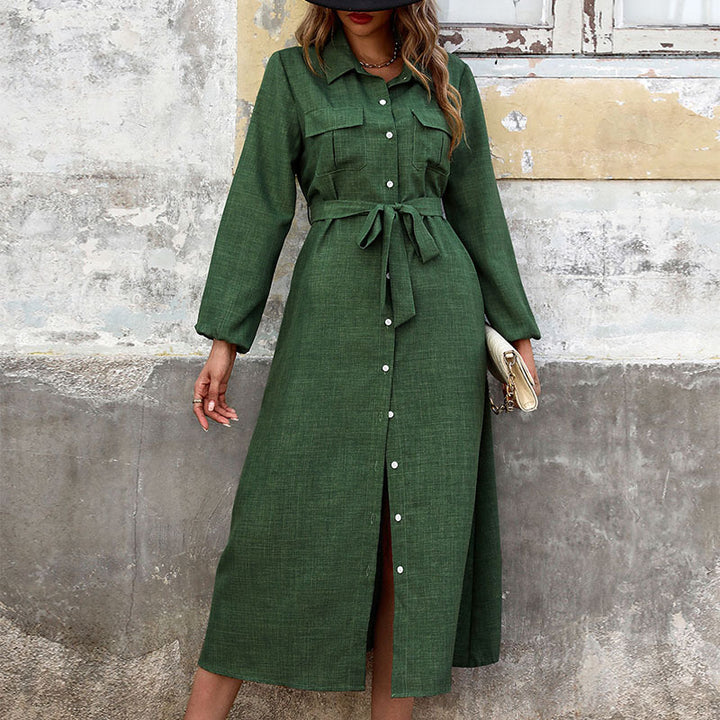 Damen Langärmeliges Hemdblusenkleid im Leinenlook mit Taillenbinder und Frontschlitz – Élara