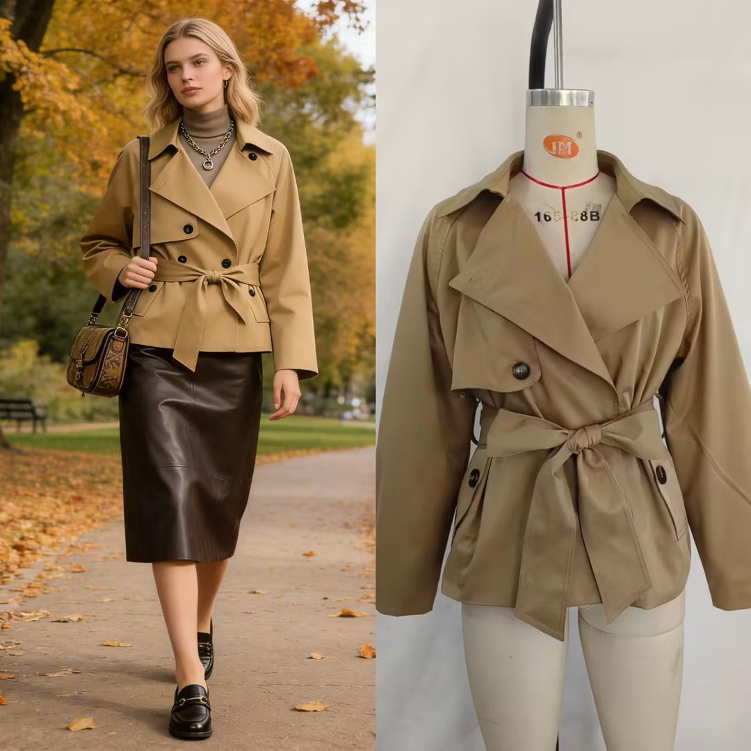 Damen Gekürzte Taillengürtel-Trenchjacke mit breitem Revers und Pattentaschen Echo Archiv