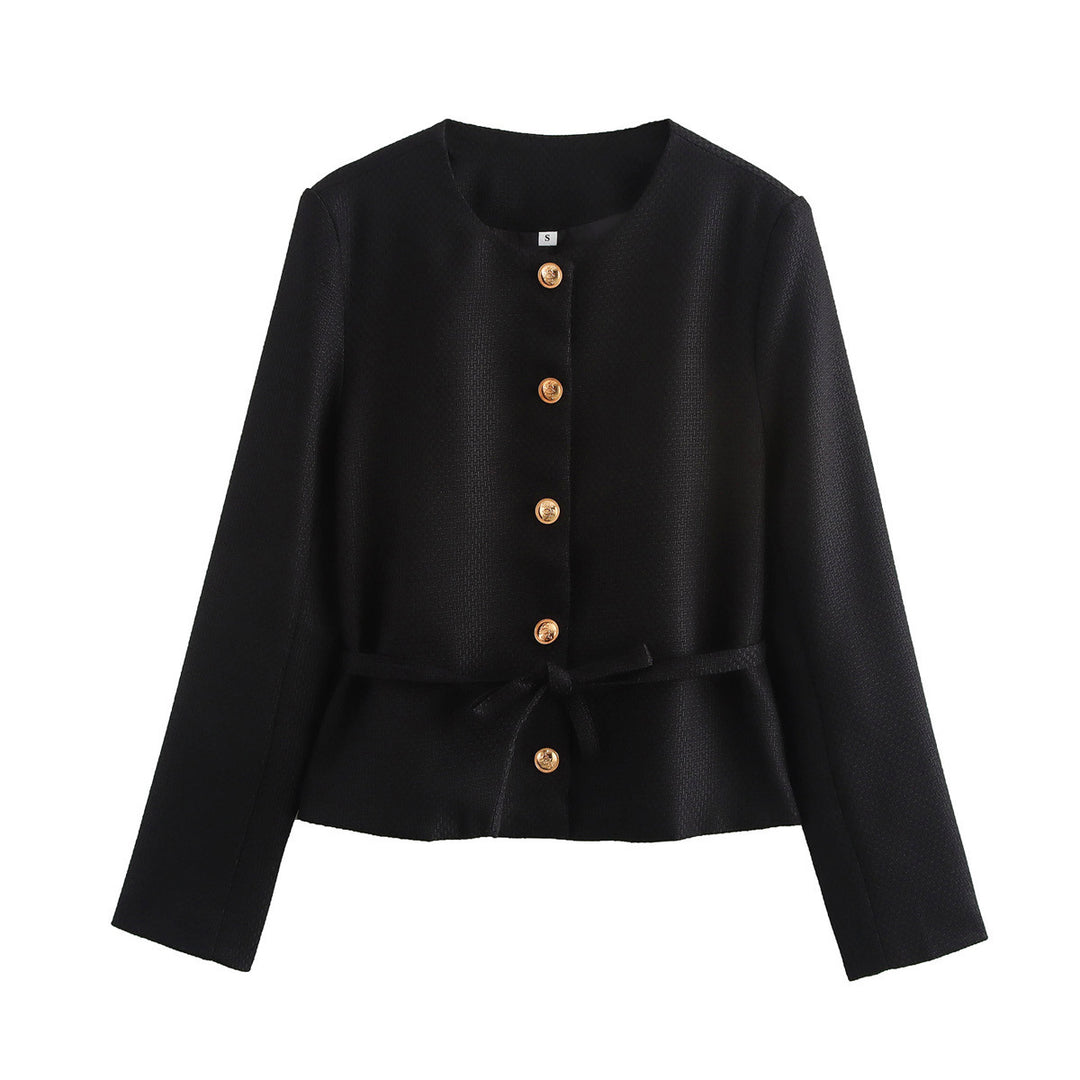 Damen strukturierte Kurzjacke mit Rundhalsausschnitt Holzknopf‑Leiste und taillierendem Bindegürtel – Célinea
