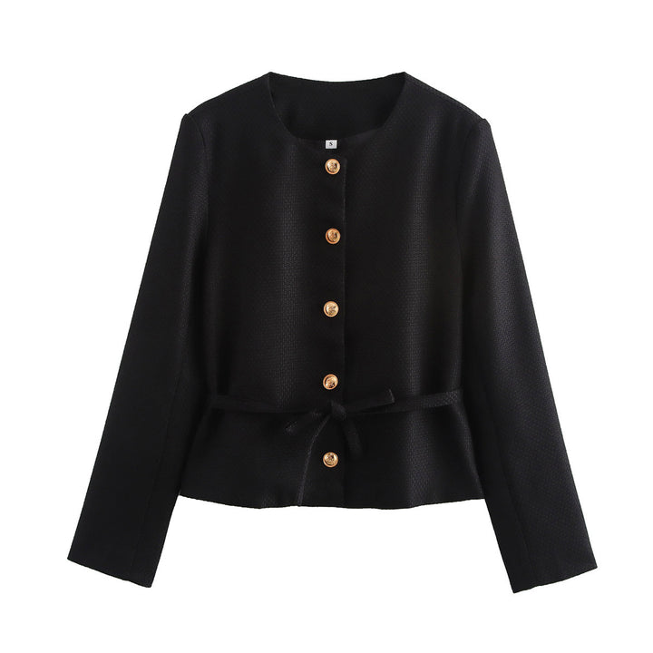 Damen strukturierte Kurzjacke mit Rundhalsausschnitt Holzknopf‑Leiste und taillierendem Bindegürtel – Célinea
