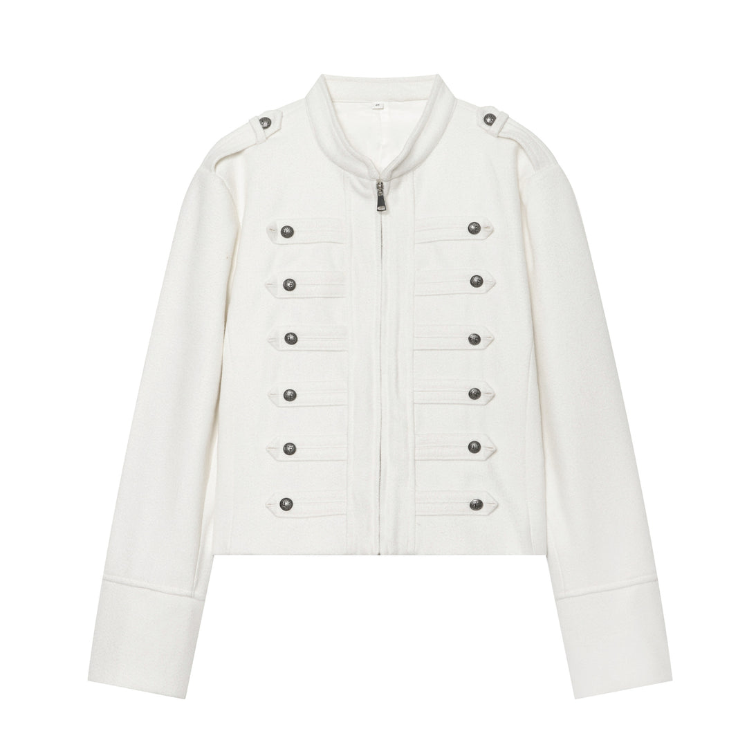 Damen militärisch inspirierte Wolljacke mit Stehkragen Zipper und dekorativen Knopfleisten – Célinea