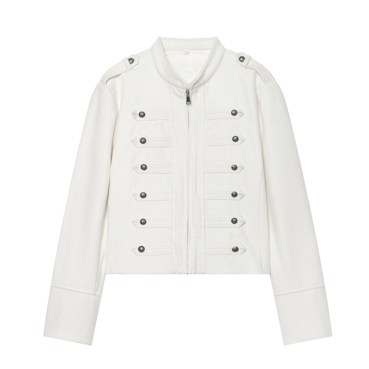 Damen militärisch inspirierte Wolljacke mit Stehkragen Zipper und dekorativen Knopfleisten – Célinea