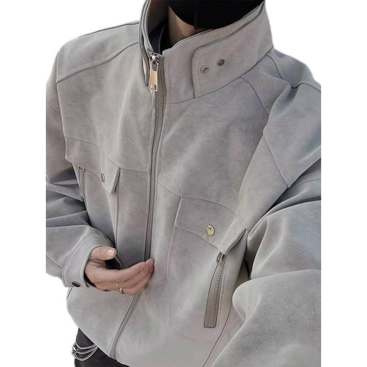 Herren Oversized Wildleder-Optik Utility-Jacke mit hohem Stehkragen Echoarchiv