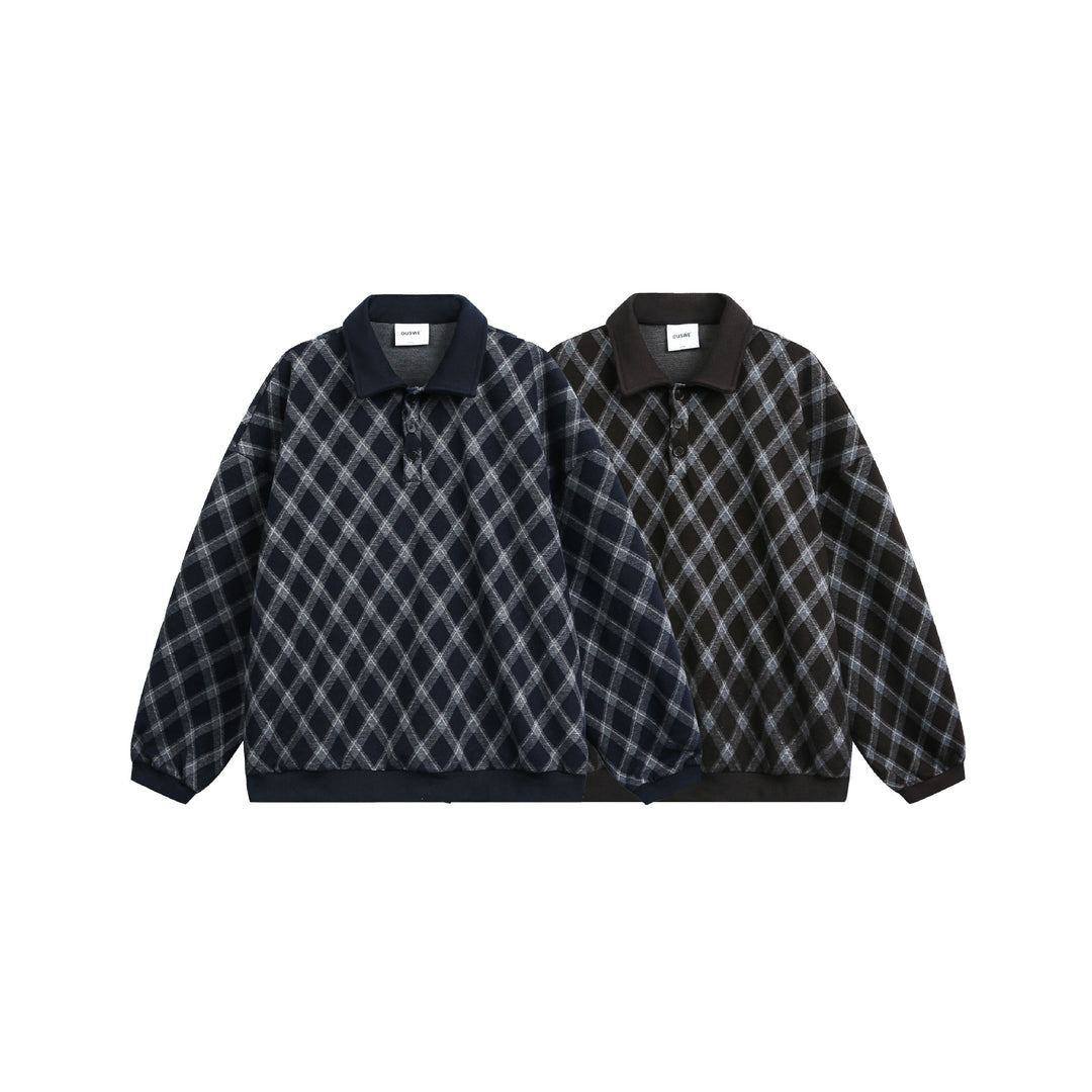 Damen Karierter Oversize‑Polo‑Pullover mit Halbknopfleiste und Rippbündchen Echoarchiv