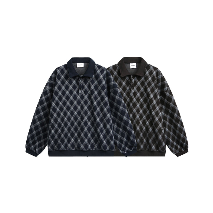 Damen Karierter Oversize‑Polo‑Pullover mit Halbknopfleiste und Rippbündchen Echoarchiv