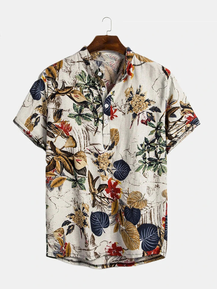 Herren Kurzarm-Henley-Hemd mit floralem Design und hochwertigem Baumwollmaterial Echoarchiv
