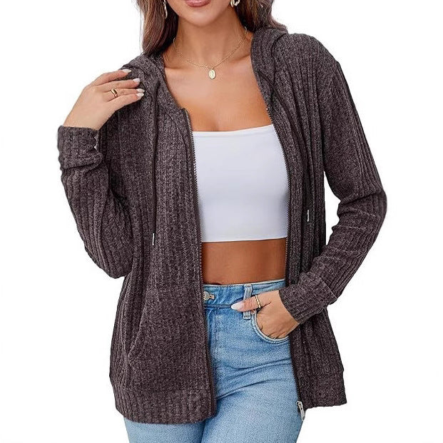 Damen Strick-Kapuzenjacke mit Reißverschluss, Waffelstruktur und Eingrifftaschen – Auréline