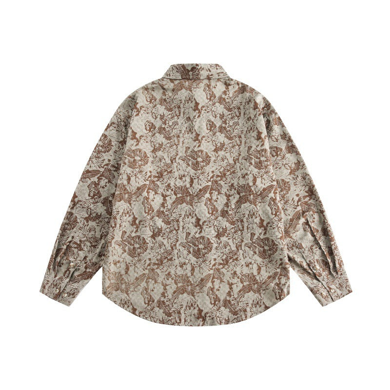 Unisex Oversized Hemdjacke mit floraler Jacquardstruktur und abgerundetem Saum Echoarchiv