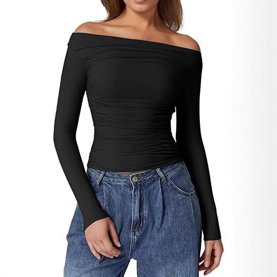 Damen Schulterfreies tailliertes Stretch-Longsleeve mit Raffung und figurbetonter Silhouette – Avérine