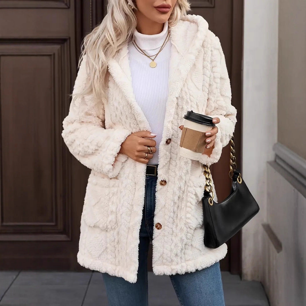 Damen Kuschelige Teddyjacke mit Kapuze, Knopfleiste und aufgesetzten Taschen Echo Archiv