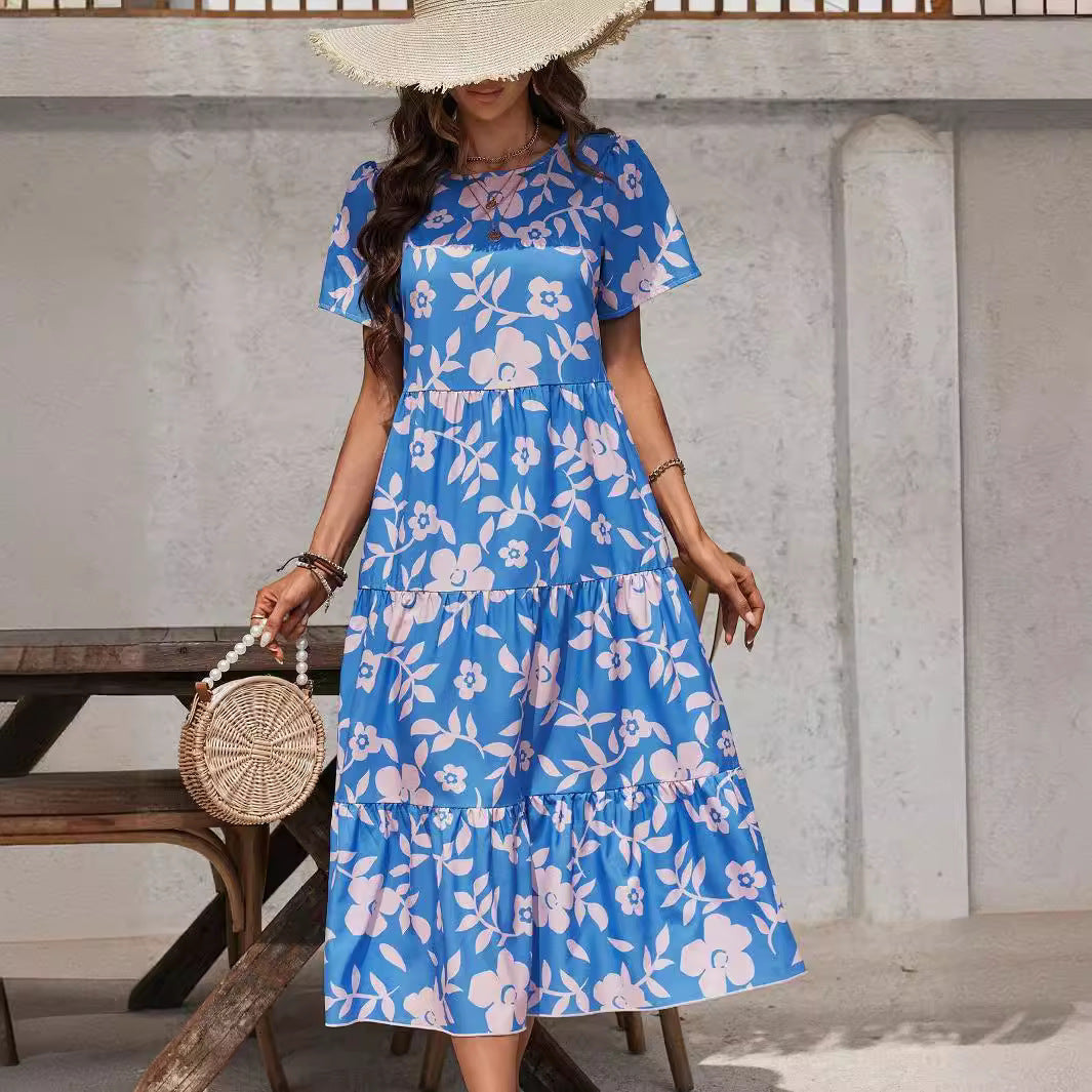 Damen nan luftiges Stufenmidikleid mit hoher Taillennaht, kurzem Ärmel und durchgehendem Blumenmuster Echo Archiv