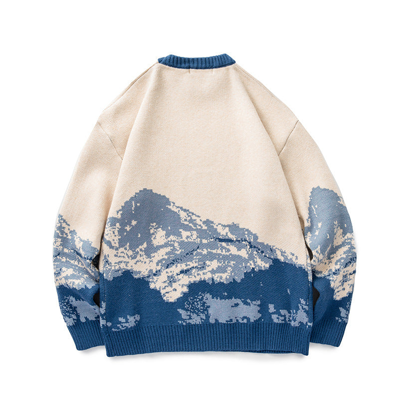 Unisex Oversize-Strickpullover mit Bergjacquard und geripptem Rundhalsausschnitt Echo Archiv