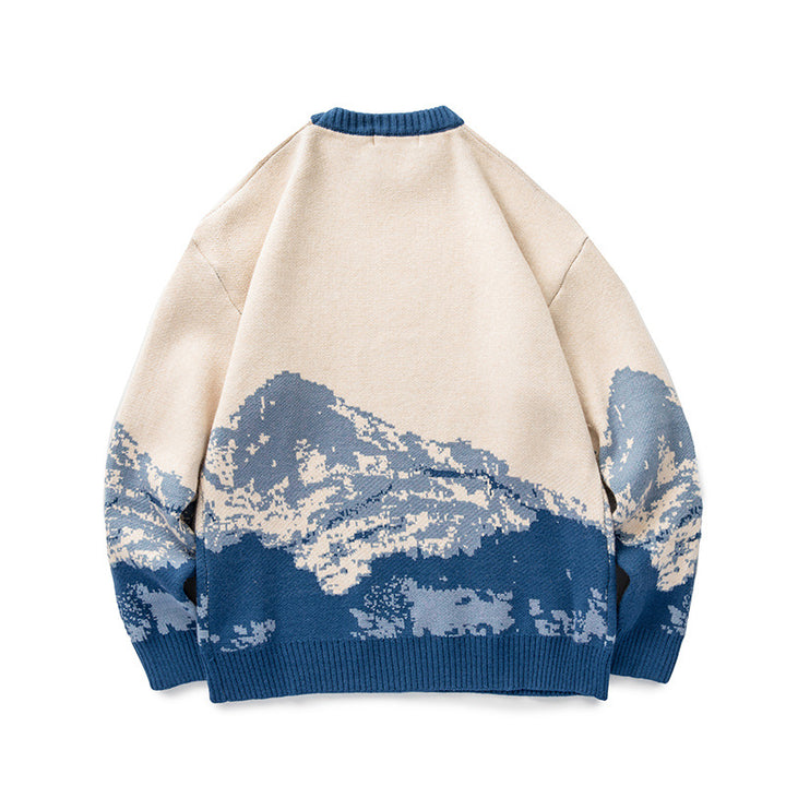 Unisex Oversize-Strickpullover mit Bergjacquard und geripptem Rundhalsausschnitt Echo Archiv