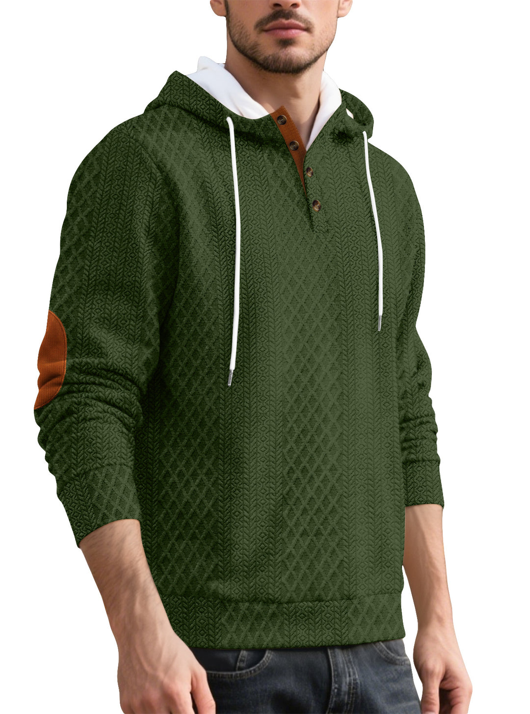 Herren nan Diamond-Struktur Kapuzenpullover mit Kurzknopfleiste, gesteppter Kapuzeninnenkante und Wildleder-Ellbogenpatch Echo Archiv