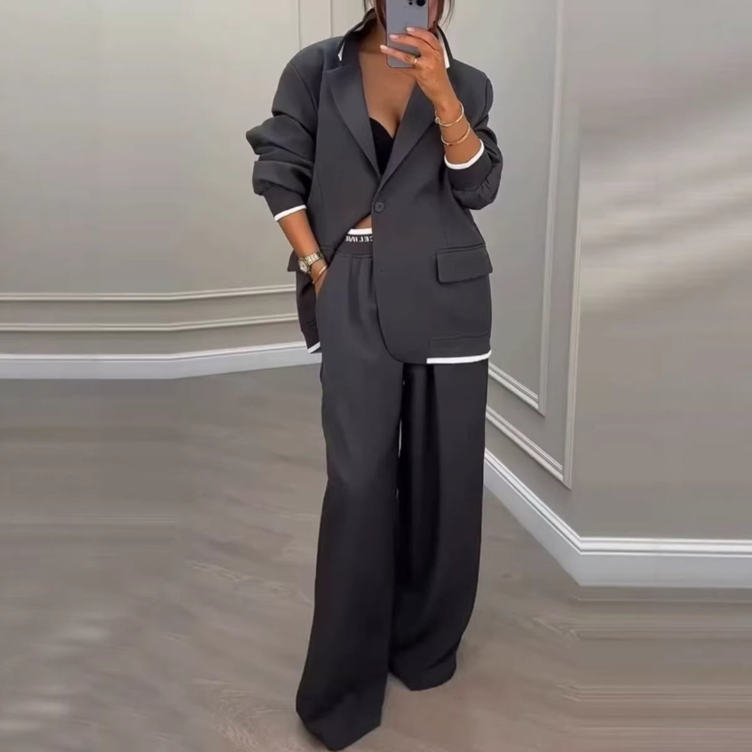 Damen Oversize-Tailoring-Set mit Kontrastpaspel, Single-Button-Blazer und hochgeschnittener Weitbeinhose – Valéne