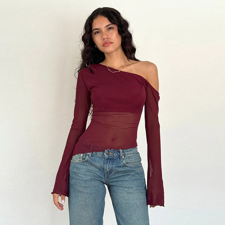 Damen asymmetrisches Langarmshirt mit transparenten Ärmeln und figurbetonter Silhouette Echo Archiv