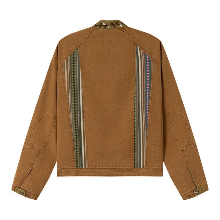 Damen Kurzer Canvas-Blouson mit gewebter Ethno‑Streifenfront und Pattentaschen Echoarchiv
