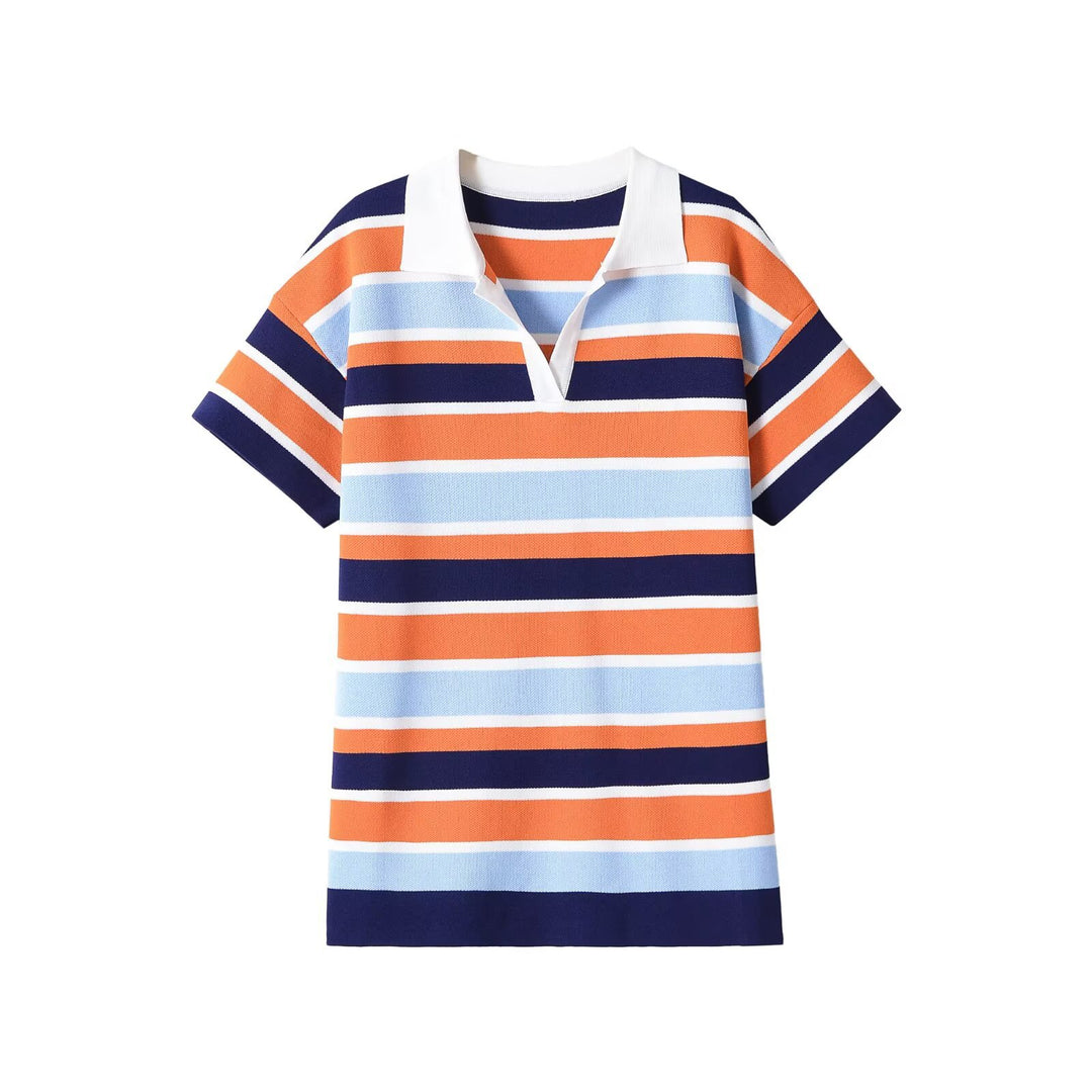 Damen Gestreiftes Polokleid aus Feinstrick mit V‑Ausschnitt Echo Archiv