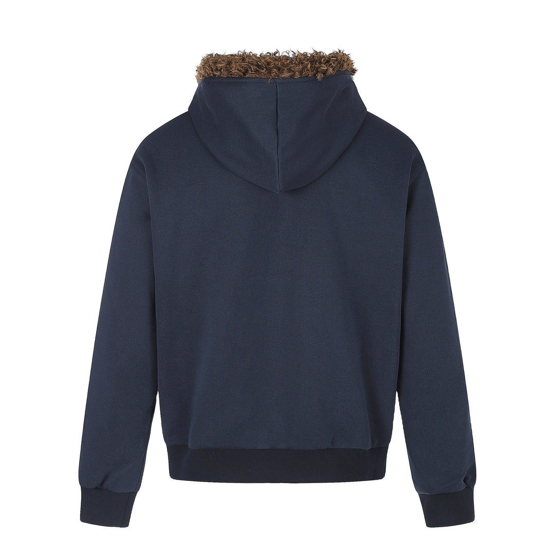 Herren Kapuzenjacke mit Kunstfellbesatz, Reißverschluss und Vintage‑Flaggenprint Echoarchiv