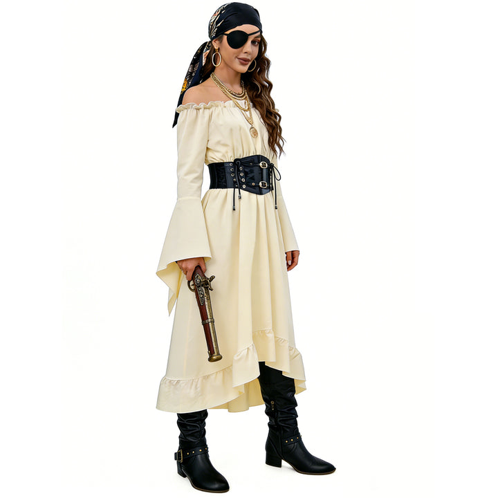 Damen nan schulterfreies Maxikleid mit Volantstufen und weiten Trompetenärmeln Echo Archiv