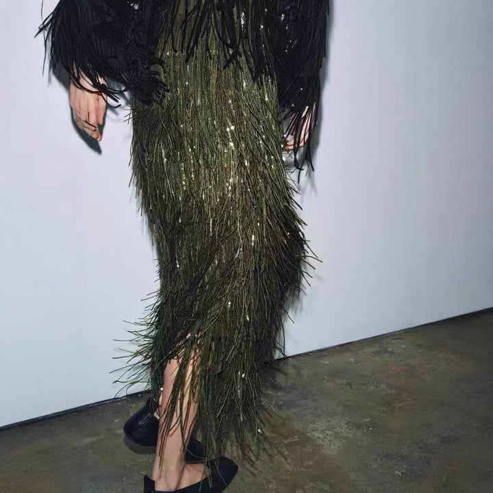 Damen Fransenrock aus schimmerndem Material mit eleganten Details Echo Archiv