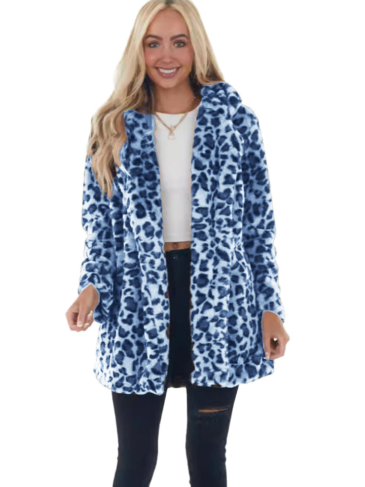 Damen Kunstfell Leopardenmuster Kapuzen Plüsch Mid-Length Mantel – Montévia