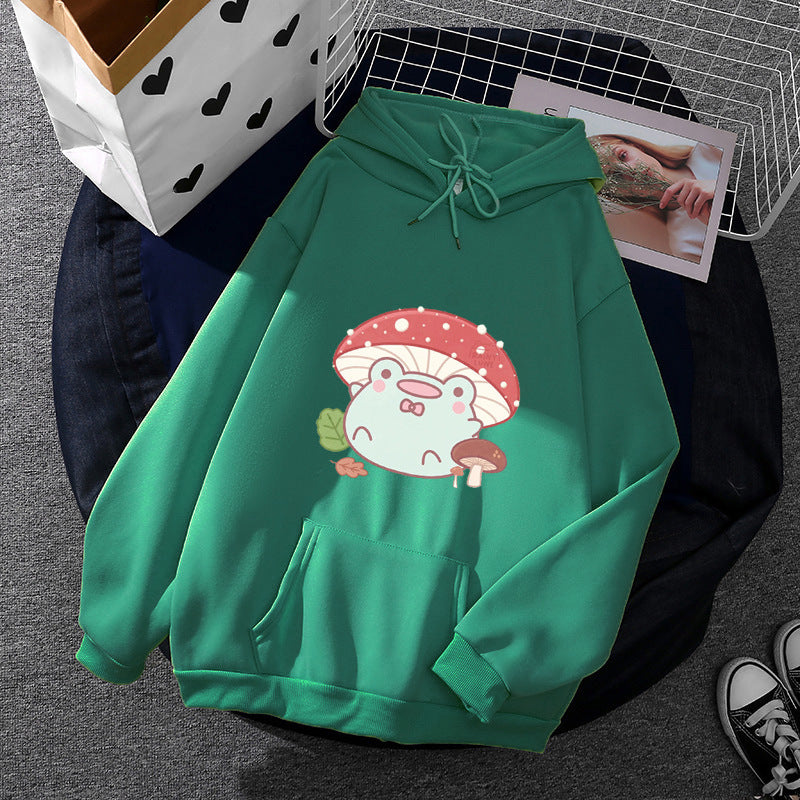 Damen weicher Oversize-Kapuzenpullover mit kawaii Pilzfrosch-Print, Kängurutasche und gerippten Bündchen – Auréline