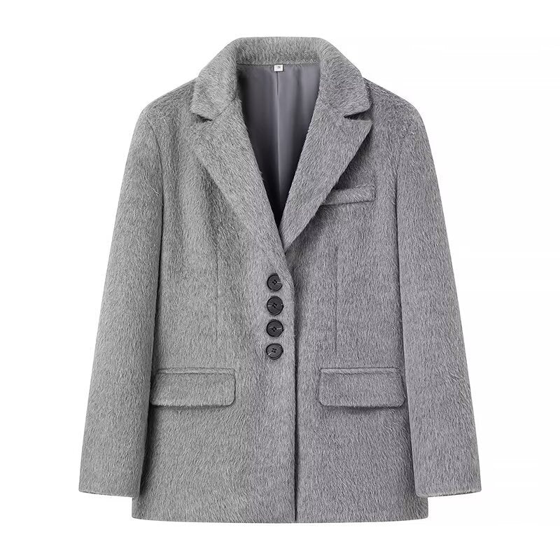 Damen taillierter Kurzmantel-Blazer in Teddyoptik mit Reverskragen und Pattentaschen – Montévia